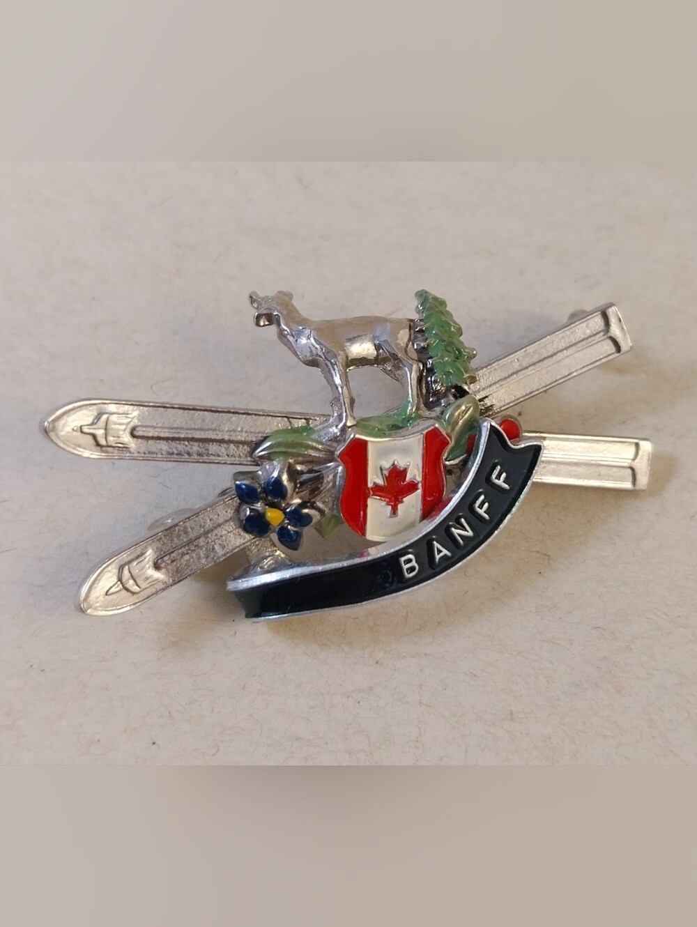 Banff Ski Crest Enamel Broosh — Red, Silver & Black Accent
